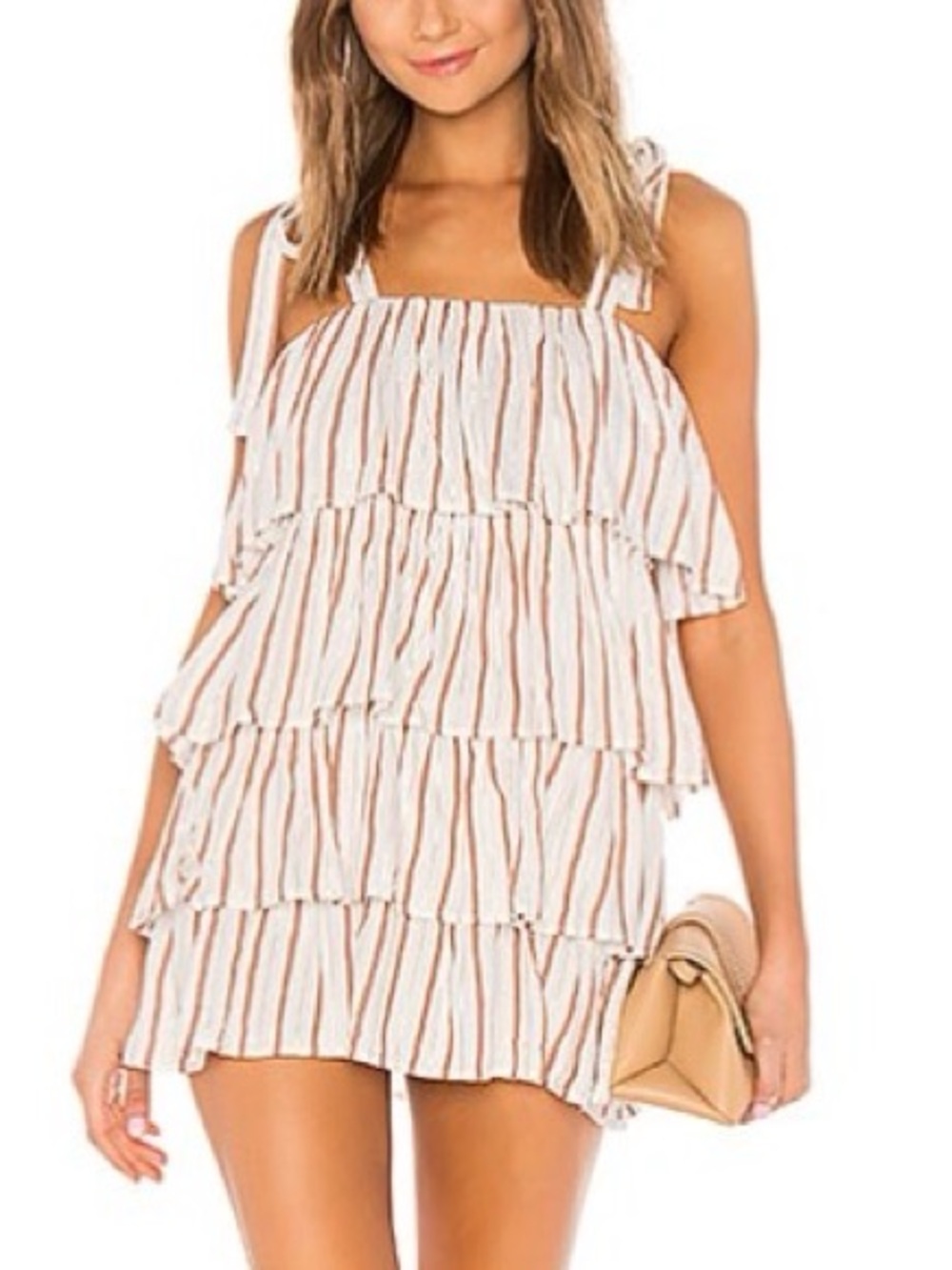 Tularosa Tiered Striped Ruffle Mini Dress - White & Tan
